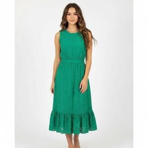 J.Crew Emerald Green Eyelet Midi Dress Ruffle Hem Resort Summer 100% Cotton 6